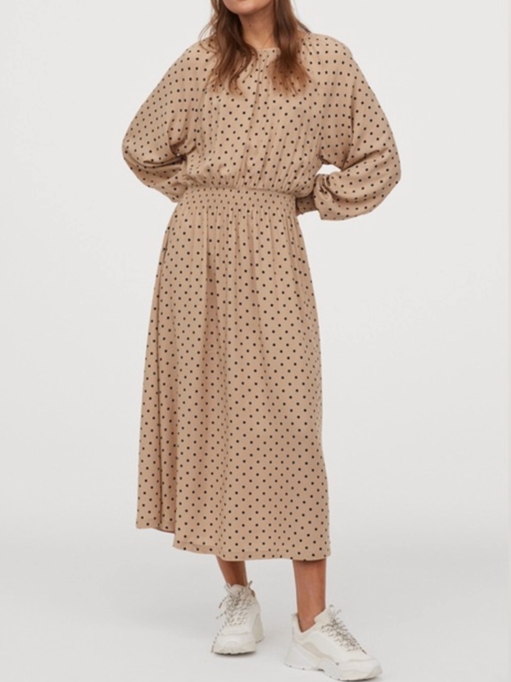 H&M Polka Dot Midi Dress Beige Black Long Sleeve Size S
